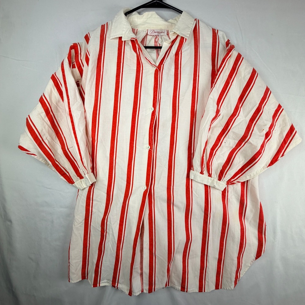Brandywine Button Down Shirt OS Red White Striped Oversized 3/4 Sleeve Tunic